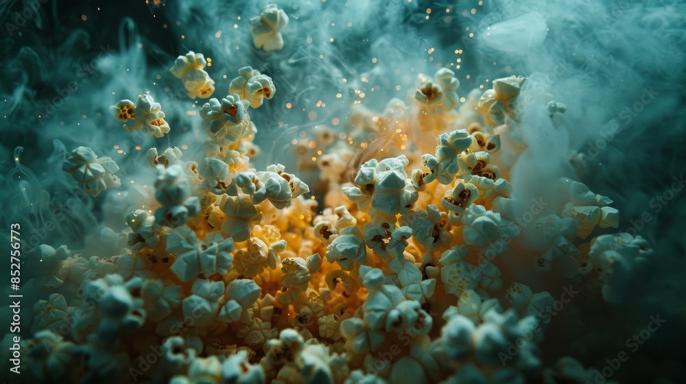 There are a lot of popcorn particles floating in the sky, warmth, mystery, dark tones, silence, instability, dreamcore art There are a lot of popcorn particles floating in the sky, warmth, mystery, dark tones, silence, instability, dreamcore art