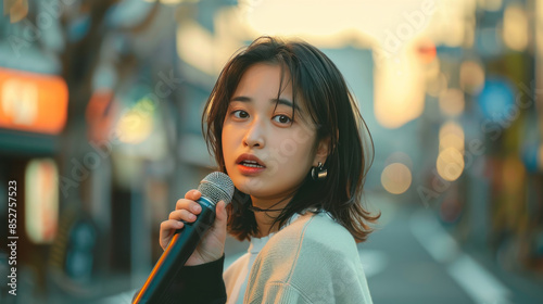 asian cute female singer hold a mic on the morning