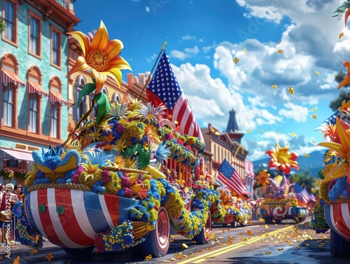 Vibrant festive parade with colorful floats adorned with flowers, American flags, and decorations under a bright blue sky. photo
