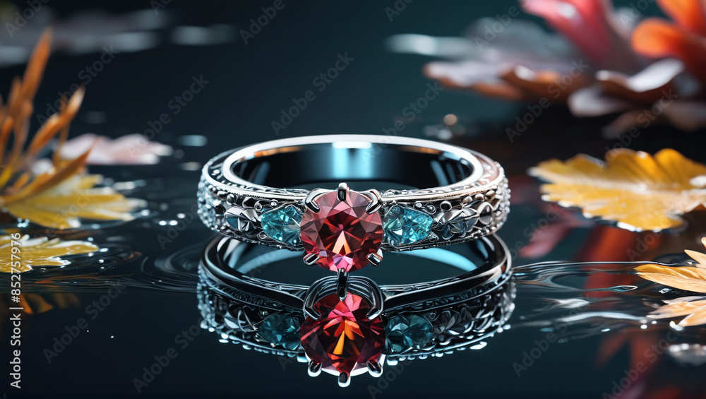 A stunning ring floating on a crystal-clear pond, the brilliance of the gem enhanced by the liquid backdrop, creating an atmosphere of ethereal charm, Generative AI A stunning ring floating on a crystal-clear pond, the brilliance of the gem enhanced by the liquid backdrop, creating an atmosphere of ethereal charm, Generative AI