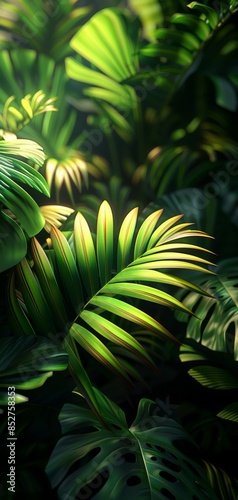 Wallpaper Mural Vibrant Tropical Greenery Featuring Sunlit Palm Leaves and Dewy Foliage in Dense Jungle Environment Torontodigital.ca