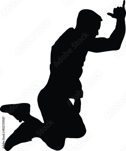 Casual sportsman jumping and showing sportsmanship 
