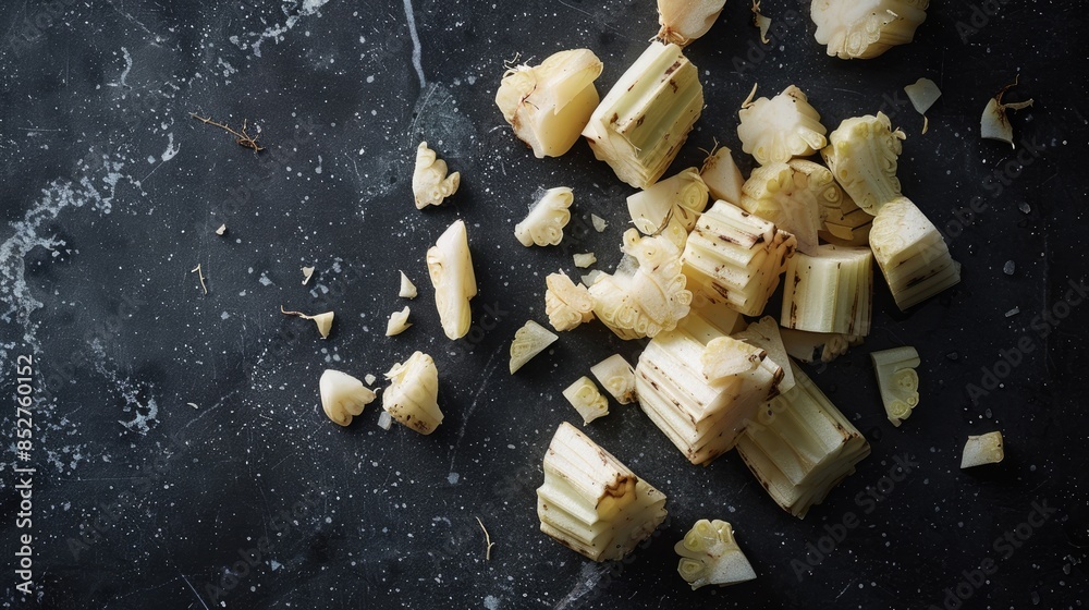 Celery root pieces on a dark surface Celery root pieces on a dark surface