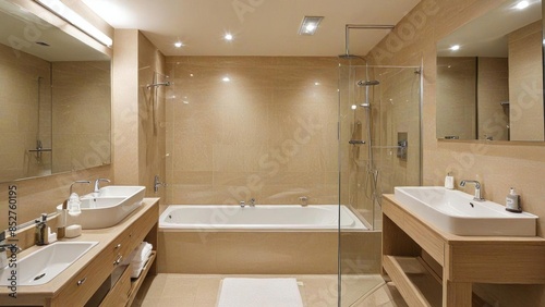 Luxurious Modern Bathroom: A serene sanctuary of contemporary design, featuring a spacious walk-in shower, a deep soaking tub, dual vanities, and sleek fixtures.  The minimalist aesthetic and warm col