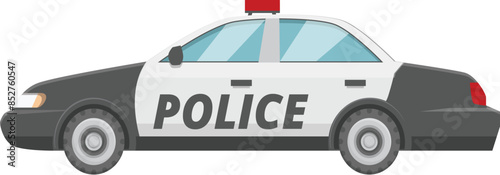 Classic american police car is parked in profile, its black and white paint job gleaming in the sun