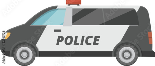 Police van parked on white background, showing its side view with siren on