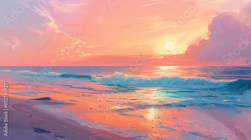 a calming coastal background with a sandy beach, gentle waves lapping the shore, and a vibrant sunset casting warm hues across the sky and water. Generative ai