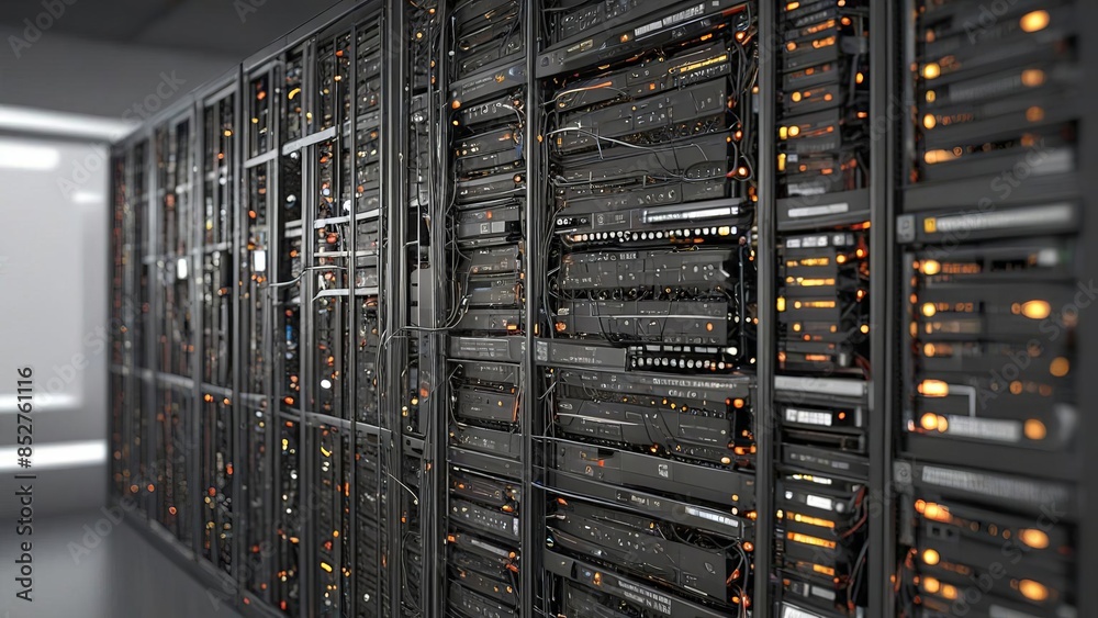 Digital Brain of Modern Business: A vast network of servers hums with activity, powering the digital age in a secure data center. Digital Brain of Modern Business: A vast network of servers hums with activity, powering the digital age in a secure data center.