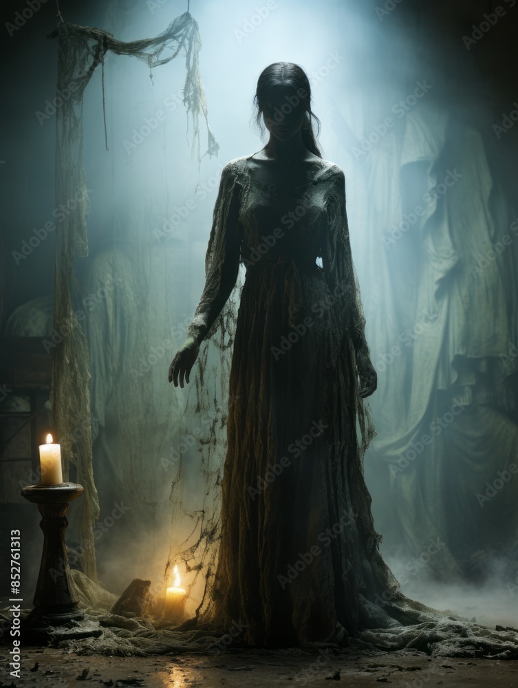 a woman in a long dress standing in a dark room with candles a woman in a long dress standing in a dark room with candles