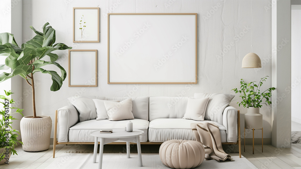 Fototapeta premium Mock up of poster frame with white blank in interior room