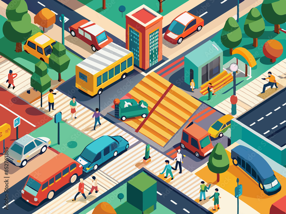 Top-down perspective of a bustling intersection with traffic and pedestrians Top-down perspective of a bustling intersection with traffic and pedestrians