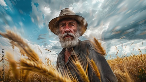 an old man in a hat standing in a wheat field photo