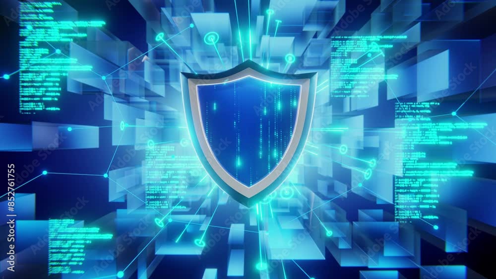 A digital concept image featuring a cybersecurity shield surrounded by ...