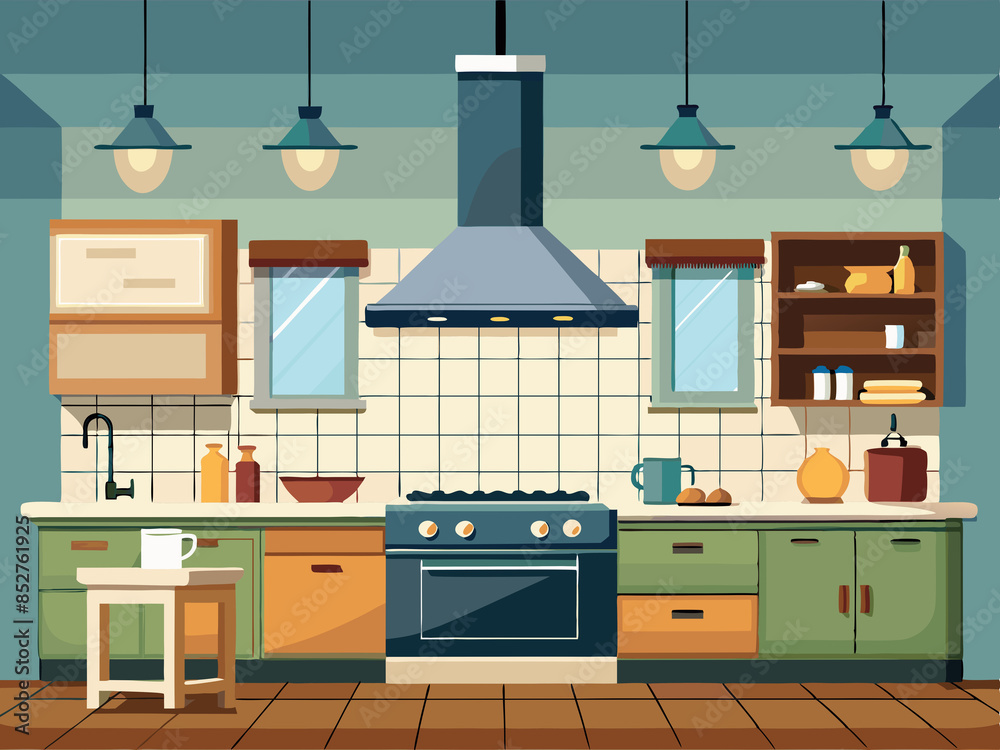 Obraz premium Kitchen with a range hood, farmhouse sink, and industrial lighting