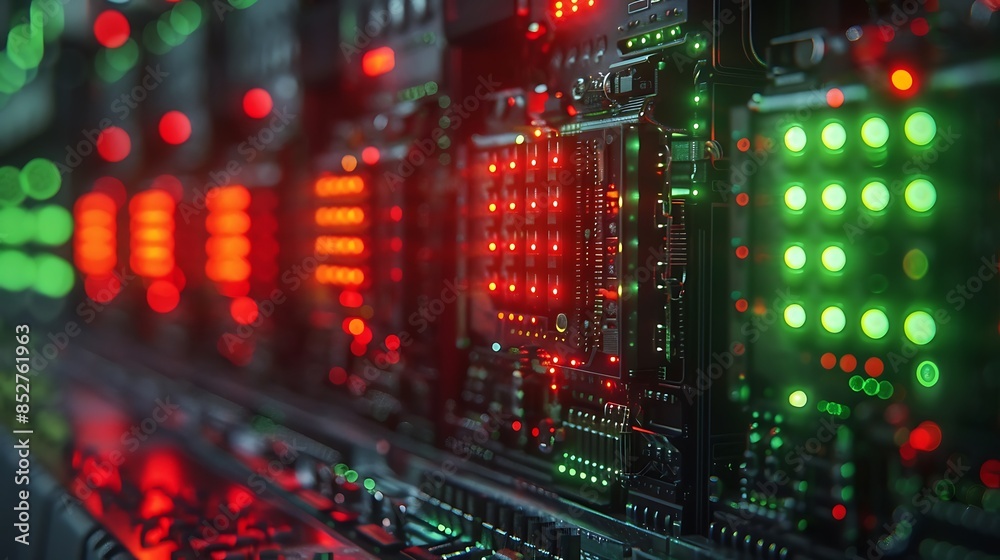 A close-up of electronic circuitry with green and red lights, suggesting a futuristic or advanced technology setting. A close-up of electronic circuitry with green and red lights, suggesting a futuristic or advanced technology setting.