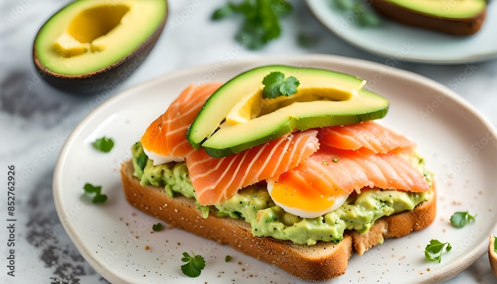 Healthy food, avocado and red fish salmon toast sandwich for breakfast or keto dieting, top view
Healthy food, avocado and red fish salmon toast sandwich for breakfast or keto dieting, top view