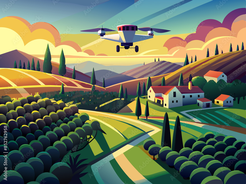 Fototapeta premium Bird's-eye view of a rural landscape with fields and a small village