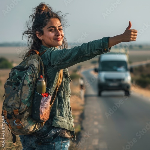 a woman with a backpack and a thumb up is standing on the side of the road photo