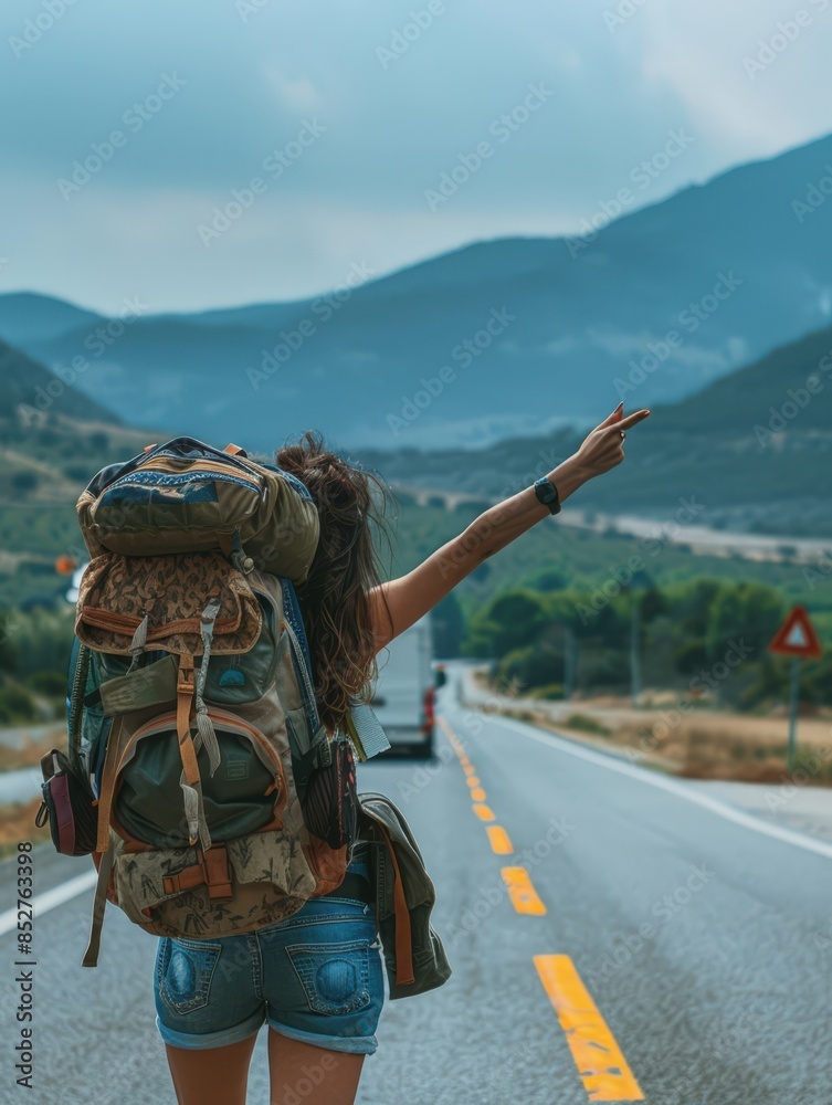 woman with backpack on road with mountains in background woman with backpack on road with mountains in background