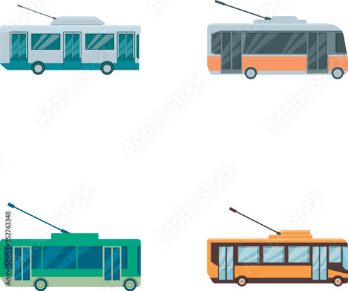 Collection of four different styled trolleybuses suitable for urban public transport concepts