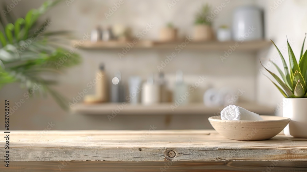 bathroom interior - stand-podium for displaying cosmetics and product on abstract light background