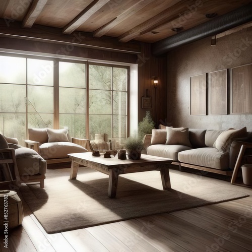 Rustic Living Room with Warm Natural Light:  A cozy living room features exposed wooden beams, large windows, and a soft, natural light that creates a warm and inviting atmosphere.  The space is furni