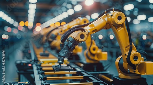 A yellow robotic arm with precision handling operates on a conveyor belt in an organized industrial environment