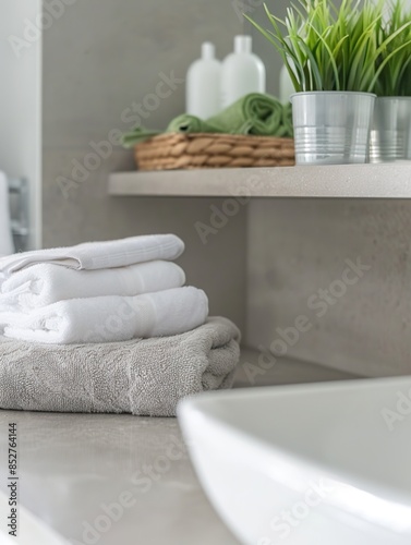 bathroom interior - stand-podium for displaying cosmetics and product on abstract light background