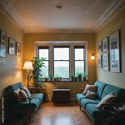 Serene View, Vintage Charm: A sunlit living room with teal sofas and a view of nature through bay windows evokes a sense of peace and tranquility. 