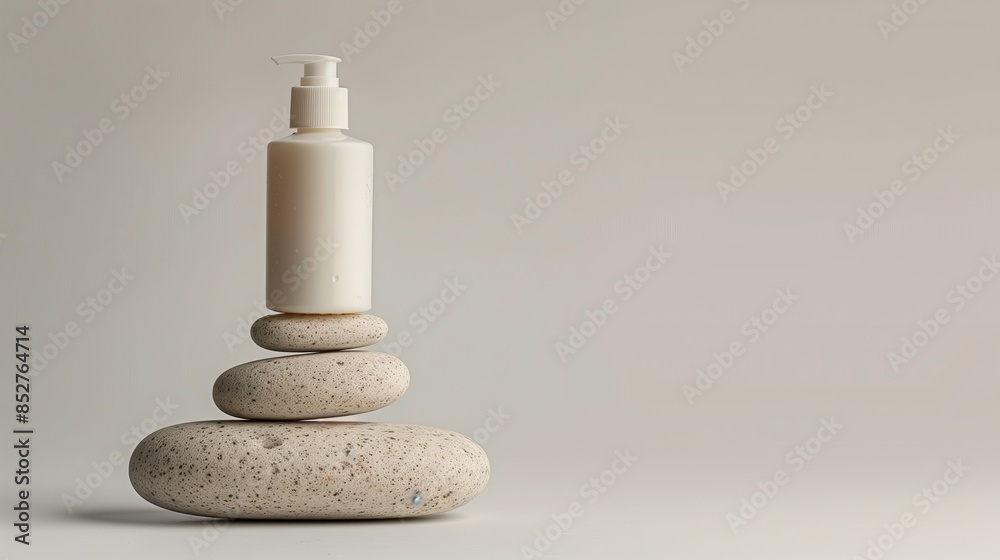 A bottle of skincare product on the top of large stones stacked together. A bottle of skincare product on the top of large stones stacked together.