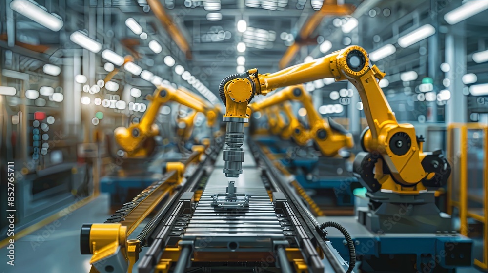 Image of multiple yellow robotic arms on a production line, highlighting automation and high-tech manufacturing processes Image of multiple yellow robotic arms on a production line, highlighting automation and high-tech manufacturing processes