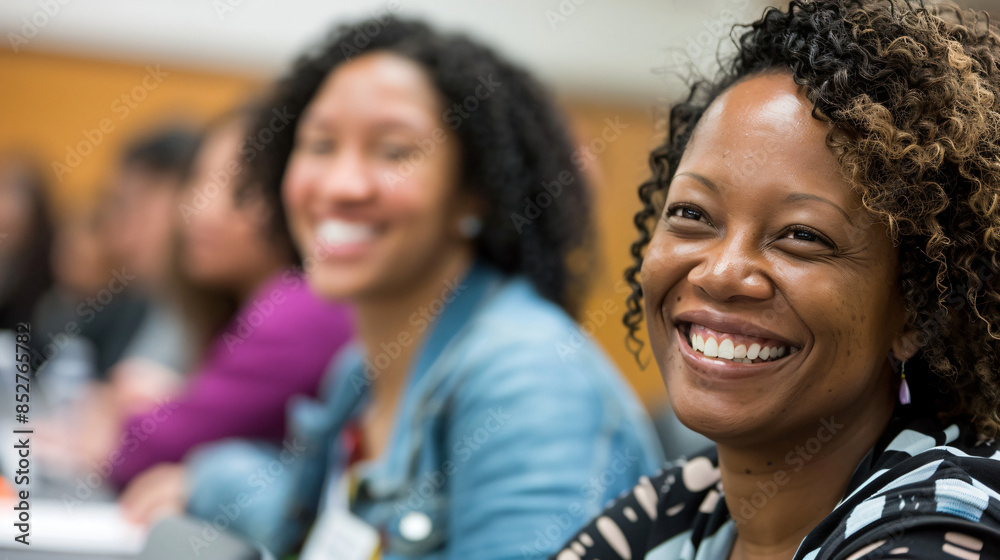 Glowing woman smiles at a corporate gathering with colleagues in the background Glowing woman smiles at a corporate gathering with colleagues in the background