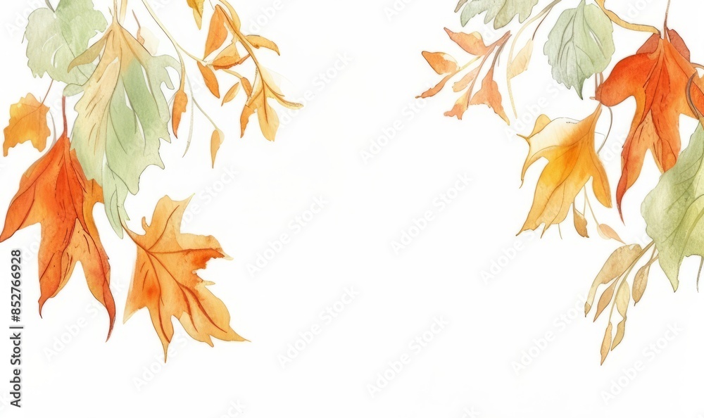 on a white background, autumn leaves hang from above. place for congratulations on a white background, autumn leaves hang from above. place for congratulations