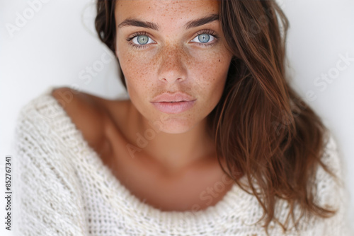 portrait studio d'une jeune femme de face aux cheveux longs et au regard bleu pullover blanc photo