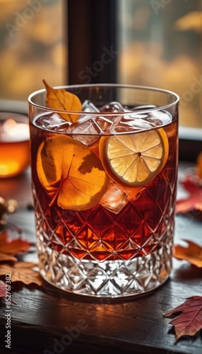 Enjoy a beautifully crafted fall cocktail, adorned with an autumn leaf and cherry, served over ice in an elegant crystal glass, ideal for savoring on a crisp autumn day