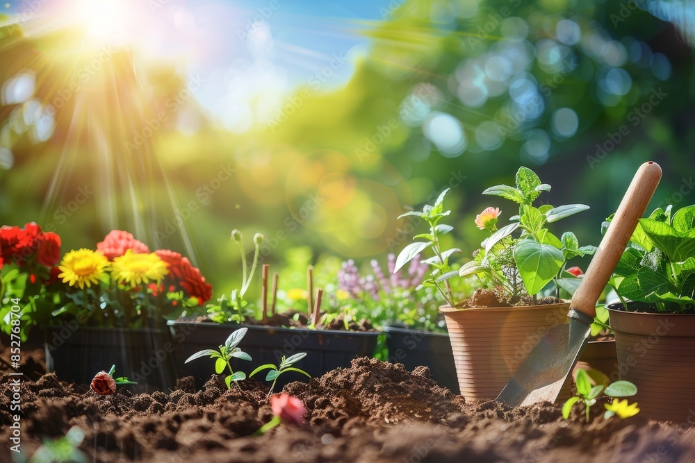Sunny day garden scene with tools and plants on land, perfect for gardening enthusiasts Sunny day garden scene with tools and plants on land, perfect for gardening enthusiasts