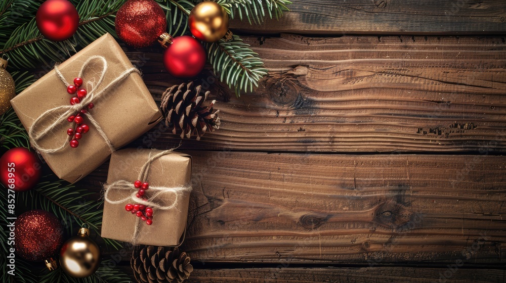 Christmas gift box on wooden background with decorations and tag Top view festive layout text space available Christmas gift box on wooden background with decorations and tag Top view festive layout text space available