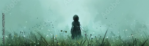 A solitary figure stands in a field of tall grass, shrouded in a thick fog that obscures the surrounding landscape. The figure is dressed in dark clothing, and their face is obscured by the mist. The  photo