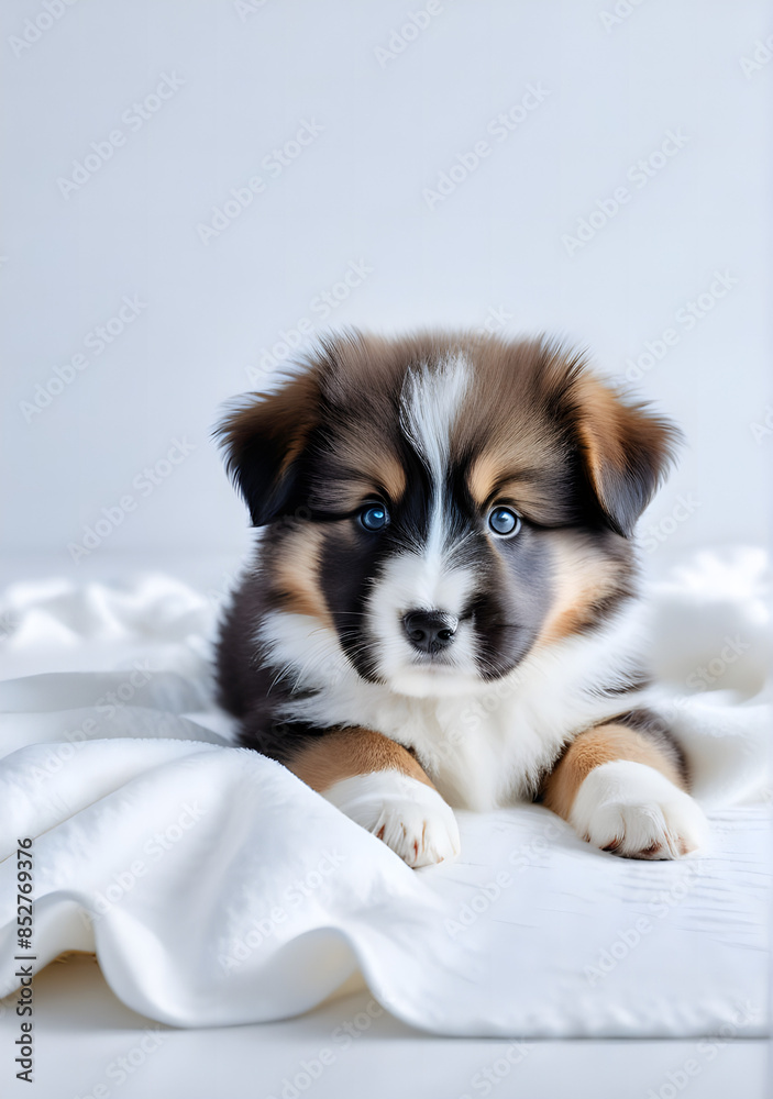Fototapeta premium a fluffy puppy lying on a soft, white blanket, with a blurred background creating a large area of clean, empty space for text or design elements