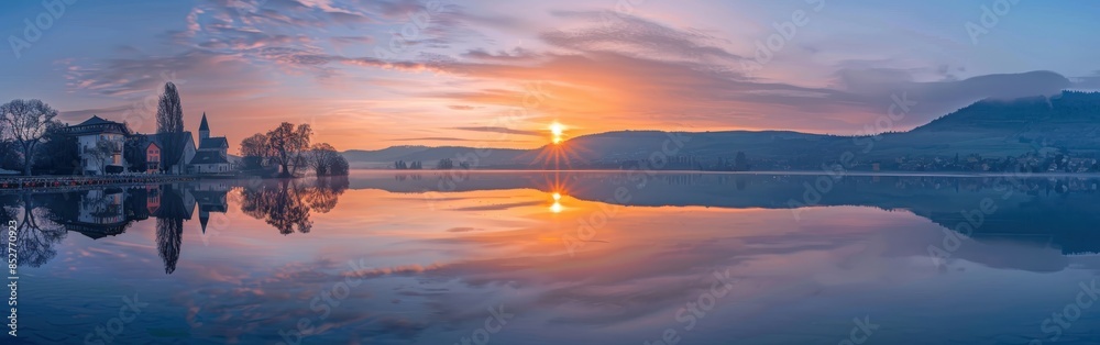 Fototapeta premium A picturesque sunrise illuminates a calm lake, reflecting a small village and surrounding trees. The soft light casts a warm glow over the water and sky, creating a peaceful and serene atmosphere.