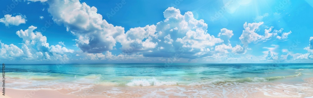 A panoramic image of a beautiful, sunny day with white fluffy clouds scattered across a bright blue sky. The turquoise water of the ocean stretches out to the horizon, with gentle waves lapping at the A panoramic image of a beautiful, sunny day with white fluffy clouds scattered across a bright blue sky. The turquoise water of the ocean stretches out to the horizon, with gentle waves lapping at the