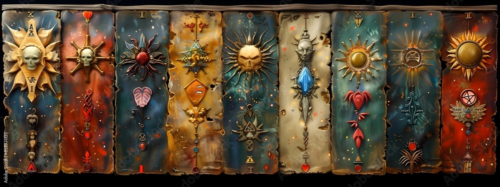 Fototapeta premium Decorative Gypsy Card Cloth with Vibrant Astrological and Mystical Symbols