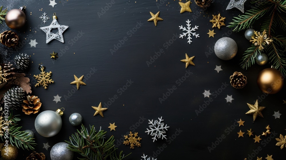 Fototapeta premium A flat lay photograph featuring a dark black background with a variety of festive Christmas decorations, including pine branches, pine cones, ornaments, snowflakes, and stars. The decorations are arra