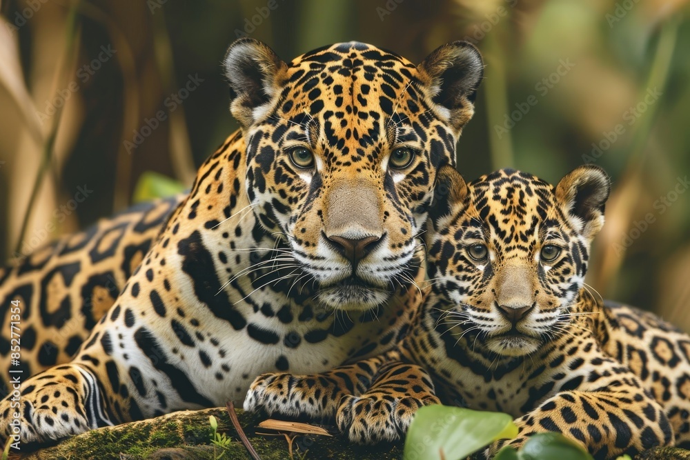 Naklejka premium Jaguar family mother with two cubs in high quality image ready to begin their journey