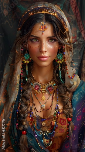 Captivating Portrait of a Gypsy Fortune Teller in Ornate Traditional Attire