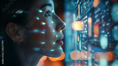 Close up of a face of woman interacting with a futuristic digital interface of holographic data analysis