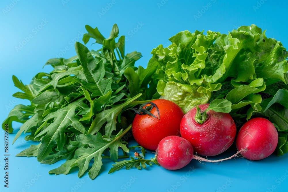 Fresh salad ingredients on blue background in high quality image arugula, lettuce, radish, tomato Fresh salad ingredients on blue background in high quality image arugula, lettuce, radish, tomato