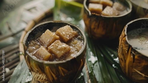 A traditional delicacy called Jenang a dense pudding created from rice flour and palm sugar accompanied by coconut milk in a banana leaf container photo