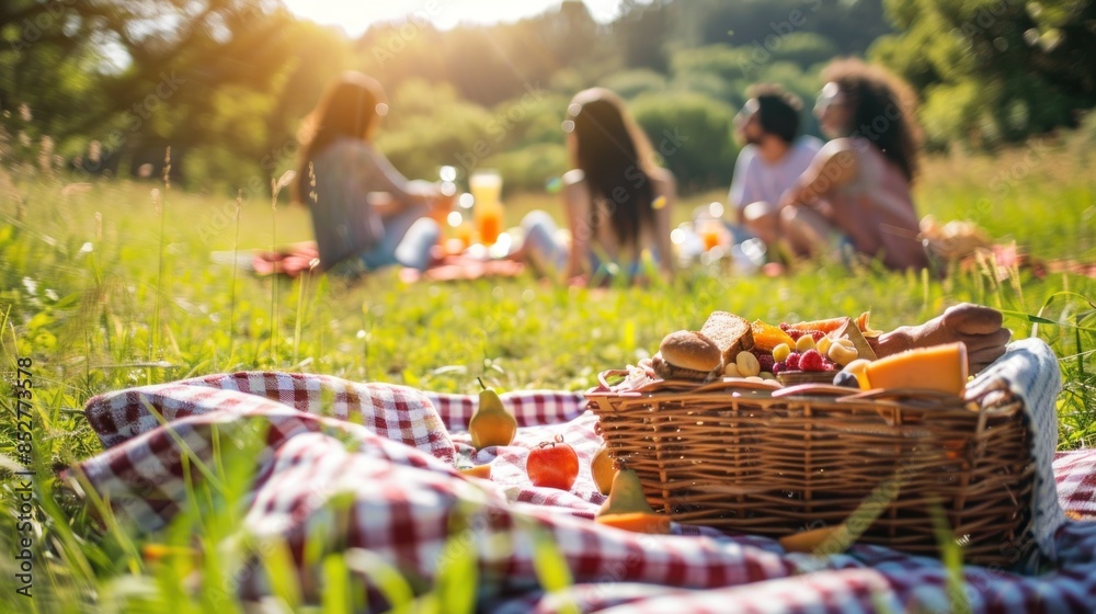 A group of friends having a summer picnic in a sunny meadow, with a checkered blanket spread out and a basket of fresh fruits and sandwiches. - A group of friends having a summer picnic in a sunny meadow, with a checkered blanket spread out and a basket of fresh fruits and sandwiches. -