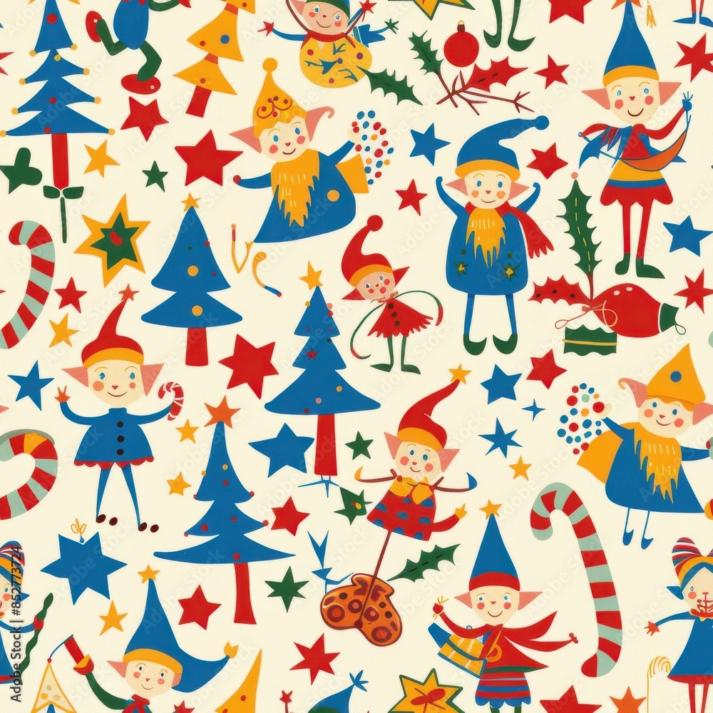 A festive, repeating pattern featuring cartoon elves in colorful outfits, Christmas trees, stars, and other holiday decorations. The background is a light cream color, making the bright colors of the A festive, repeating pattern featuring cartoon elves in colorful outfits, Christmas trees, stars, and other holiday decorations. The background is a light cream color, making the bright colors of the